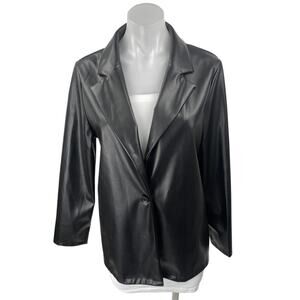 Women's Black Faux Leather Vegan Long Sleeve Blazer Suit Coat Jacket Size M